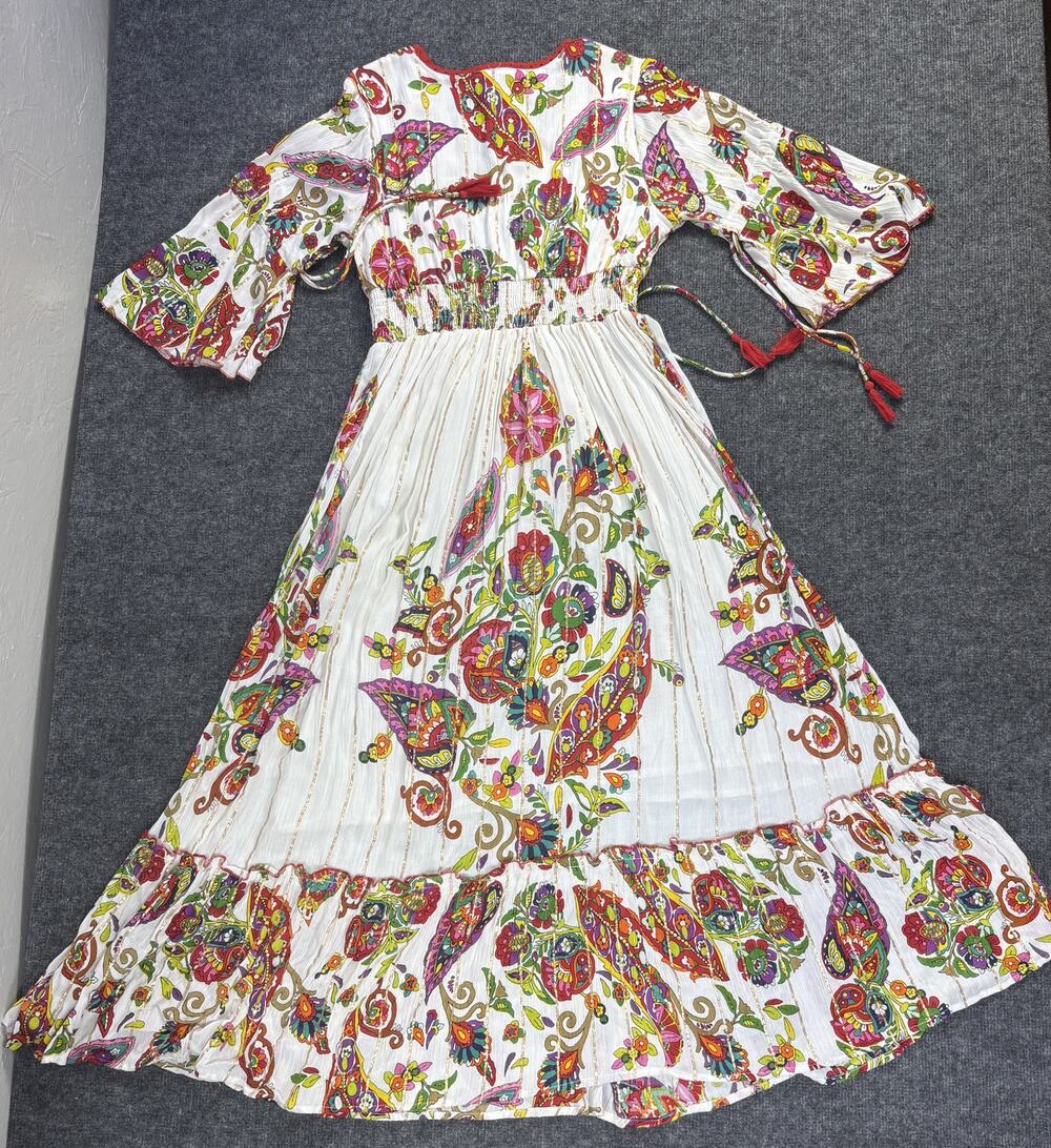 We 2 Magic Maxi Dress M Paisley Boho Viscose Smocked Tassel Metallic India